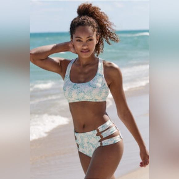 Venus swimsuit bikini white and aqua coral foil gold dots medium high-waisted - Picture 7 of 9